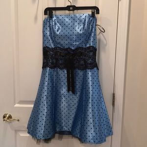 Blue and black polka dot strapless dress